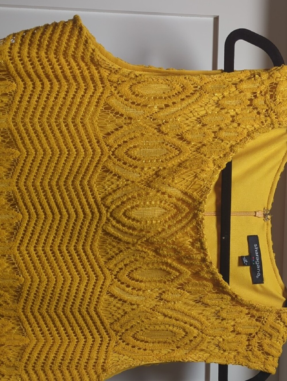 Sharagano Mustard Yellow Sleeveless Lace Knit Midi Dress - Picture 3 of 5